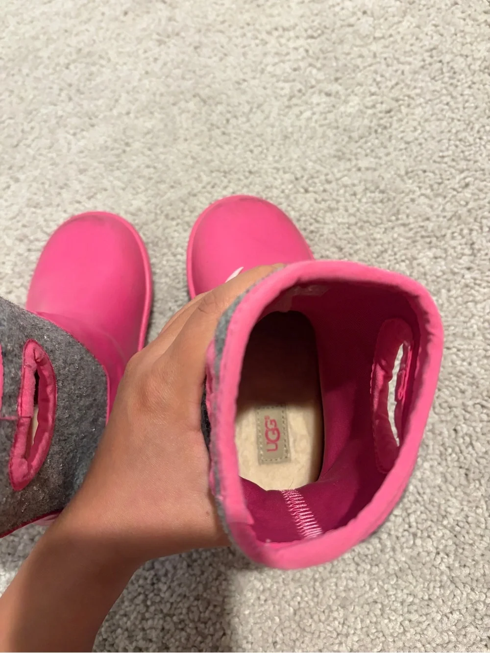 UGG Kids Bright Pink and Gray Handle Rain Boots
